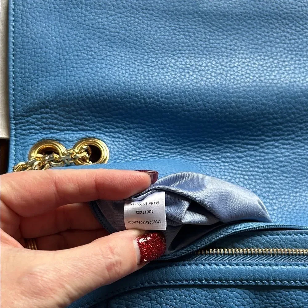 MCM Sky Blue Leather Shoulder Bag with Gold Chain impeccable
